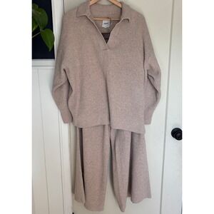 Aerie Cozy Thermal Waffle Knit Lounge Set sweater & wide leg pants L/XL short